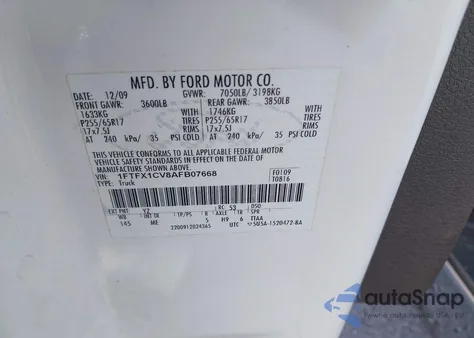 2010 Ford F-150 Fx2 Sport/Lariat/Xl/Xlt z USA, uszkodzony, nr VIN 1FTFX1CV8AFB07668